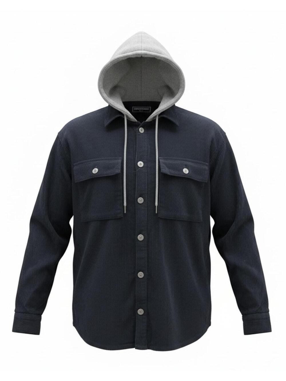Men's Black Corduroy Shirt Jacket with Gray Hood